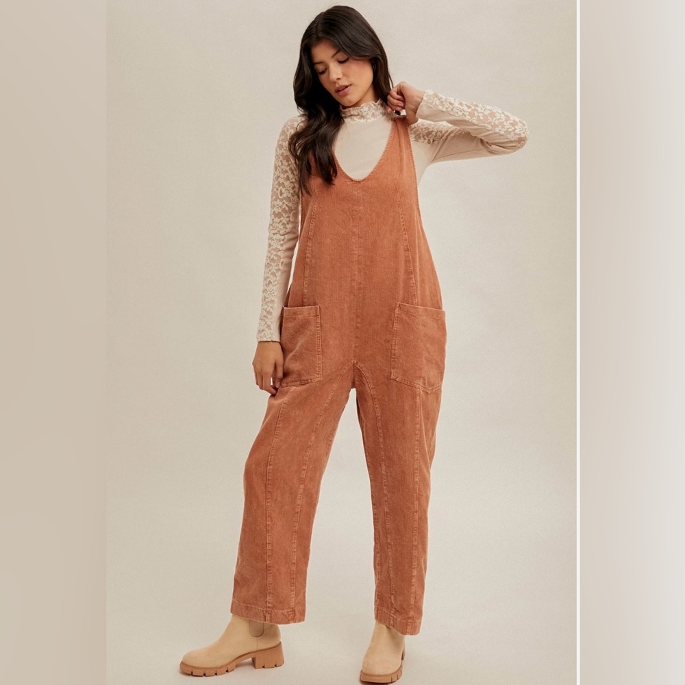 Hem & Thread Corduroy Overall Jumpsuit Small Rust NWT